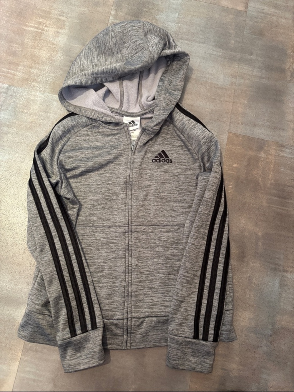 adidas Light Gray Full-Zip Hooded Sweatshirt with Black Stripes size 8
